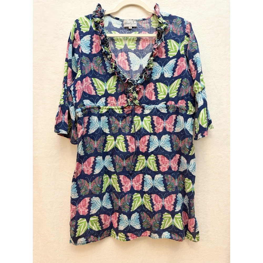 Mud Pie 100% Linen Butterfly Beach Cover Up Dress M Bell Sleeve Ruffle